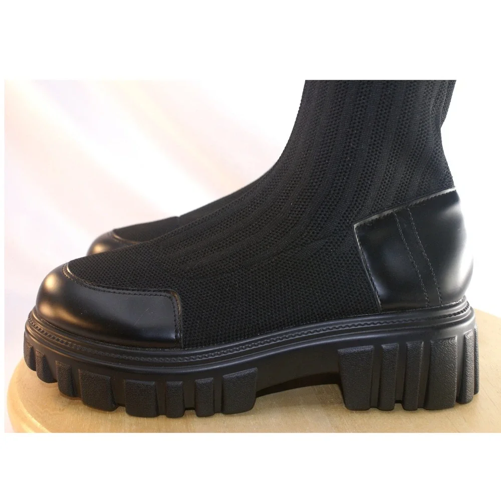 Cincoo Womens Black Ribbed Knit Over The Knee Lug Sole Platform Boots Size 6.5